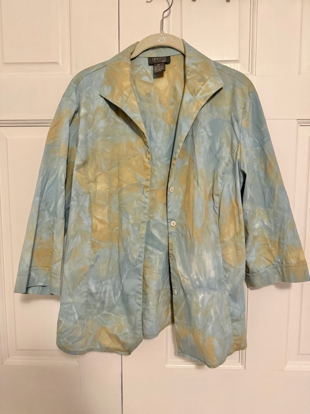 Lafayette‎ 148 New York Button Front Blouse Top Blue Beige Print Size 12 - Picture 2 of 9